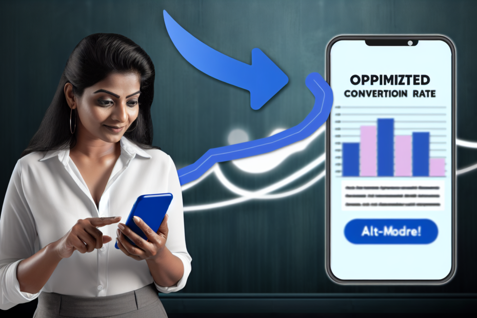 Sådan forbedrer du mobilkonvertering med optimeret landingsside-design Fotorealistisk billede af en person, der kigger på en mobilvenlig, optimeret landingsside på deres smartphone med et klart call-to-action-knappen fremhævet. Baggrunden viser en stigende graf, som symboliserer konverteringsrater. Alt-text: "Person ser på en optimeret mobil landingsside med klart Call-to-Action og stigende konverteringsrate graf i baggrunden"