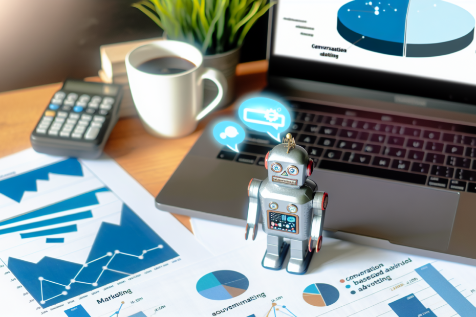 Sådan øger du kundedialogen gennem konversationsbaseret annoncering og chatbotter En bærbar computer på et skrivebord, omgivet af marketingdiagrammer og en robotfigur, der afspejler den digitale dialog mellem kunder og chatbots. Alt-text: Bærbar computer med åbne grafikker om konversationsbaseret annoncering og en chatbot-figur, symboliserende en strategisk tilgang til kundedialog.