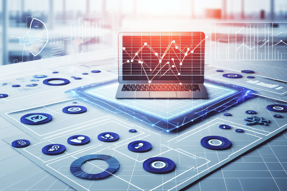 En laptop omgivet af skemaer, grafer, og sociale medie-ikoner, der symboliserer analyse og optimering af digital markedsføring baseret på brugerfeedback. Alt-tekst: Digital markedsføringsarbejdsstation med laptop, analysegrafer og sociale medie-ikoner, der illustrerer brugerfeedbacks integration i kampagnejusteringer.