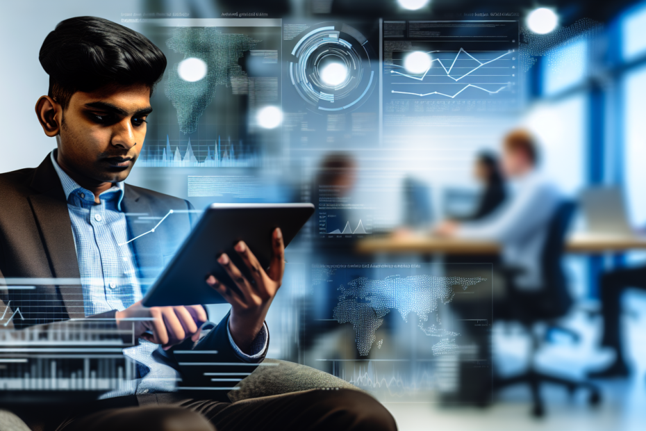 Effektivt indhold med afsæt i data: Brugermønstre som fundament for moderne content En professionel sidder med en tablet, omgivet af dynamiske digitale data og grafer, i et kontormiljø med fokus på skærmen, der viser avanceret analytics-software. Alt-text: En person undersøger data på en tablet med avancerede analytics.