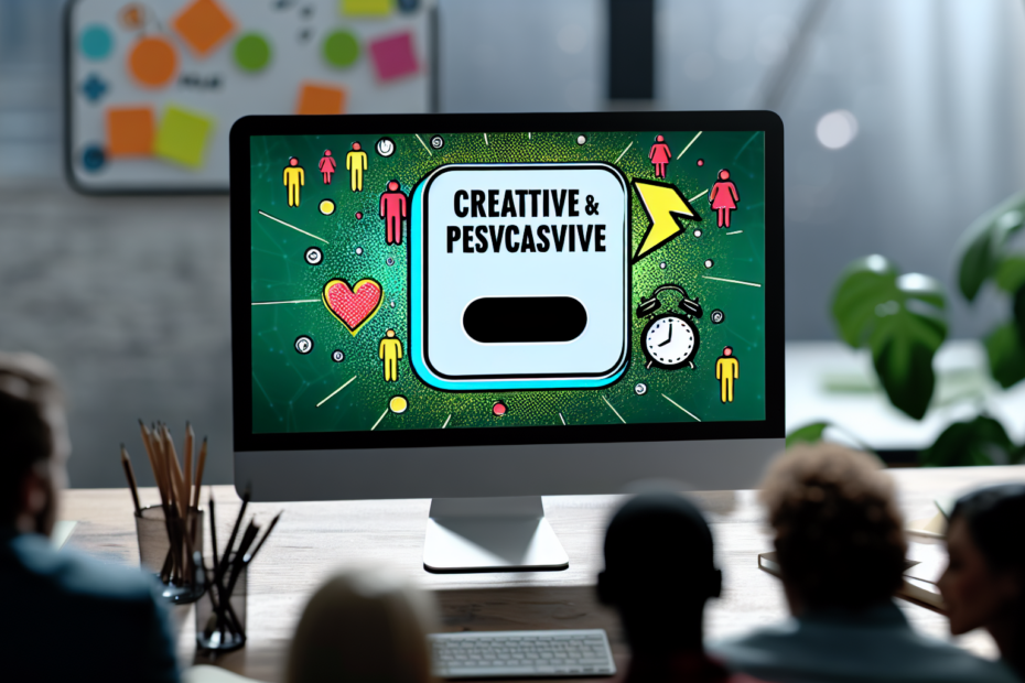 Sådan øger psykologiske triggers effektiviteten af dine CTA'er En professionelt designede scene, der viser en kreativ og overbevisende call-to-action-knap på en computer skærm, omgivet af symboler der repræsenterer psykologiske triggers som ur, hjerte, og folk.