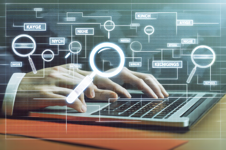 Sådan opnår du bedre placeringer med søgeordsanalyse til nichemarkeder En person analyserer komplekse datasæt på en bærbar computer, omgivet af ikoner af forstørrelsesglas og nøgleord, der symboliserer søgeordsanalyse for nichemarkeder.