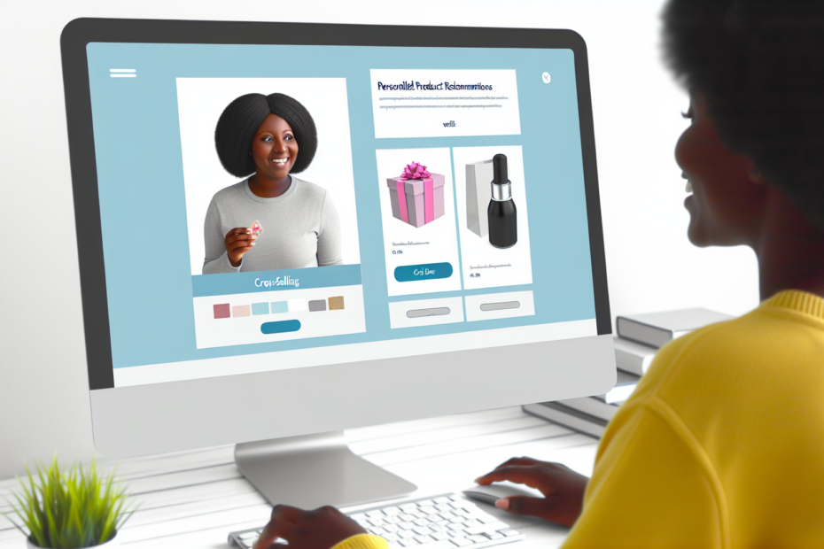 Øget kurvstørrelse med effektivt krydssalg: Brug personaliserede produktanbefalinger til at løfte salget En skærmvisning af et brugervenligt e-commerce website, hvor popup-vinduer præsenterer personaliserede produktanbefalinger til en smilende kunde, der shopper online. Alt-text: "Online shopper modtager personaliserede produktanbefalinger på et e-handelswebsite, illustrerende krydssalg og forbedret kundeoplevelse"