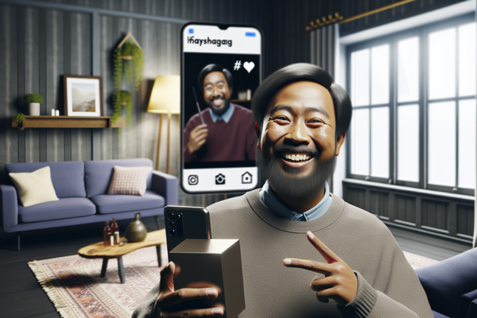 Effekten af brugergenereret annonceindhold: Når kundernes stemmer styrker dit brand "Fotorealistisk billede af en glad kunde, der tager et selfie med et produkt, med hashtags synlige på skærmen bagved, i en hyggelig dansk hjemmeatmosfære." Alt-tekst: Glad kunde tager selfie med produkt hjemme, omgivet af hashtags på skærmen, der fremmer brugergeneret indhold.