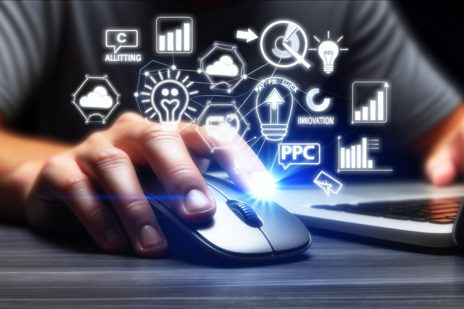 En person, der klikker på en mus, med digitale grafer og pay-per-click (PPC) ikoner svævende rundt, illustrerer innovation inden for digital markedsføring og klikbaseret annoncebudgivning. Alt-tekst: "Person, der klikker på en mus omgivet af digitale grafer og PPC ikoner, der symboliserer klikbaseret annoncebudgivning."