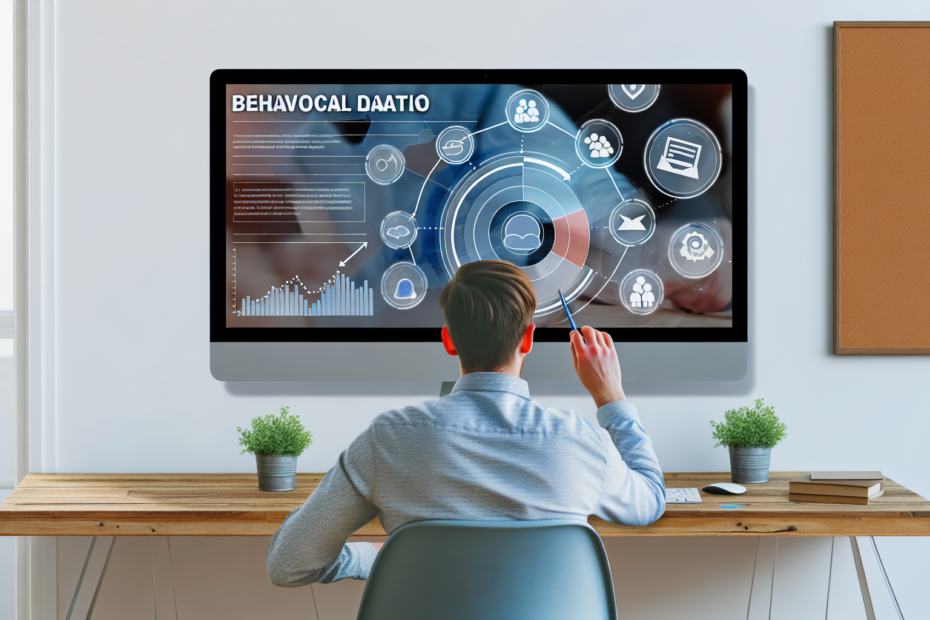 En person, der sidder ved et moderne kontorarrangement og kigger på en skærm, der viser datadrevet e-marketinganalyse og segmentering, omgivet af interaktive e-mail-kampagneikoner. Alt-text: Person ved skrivebord analyserer adfærdsdata på computerskærm for interaktiv e-mail marketing segmentering, omkranset af e-mail kampagne grafik.