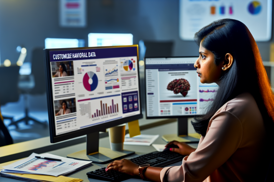 En marketing specialist analyserer adfærdsdata på en computer, omgivet af skræddersyede annoncekampagner på skærmen, i et kontorindstilling. Alt-text: Marketing specialist analyserer adfærdsbaserede data på en computer med skræddersyede annoncer på skærmen.