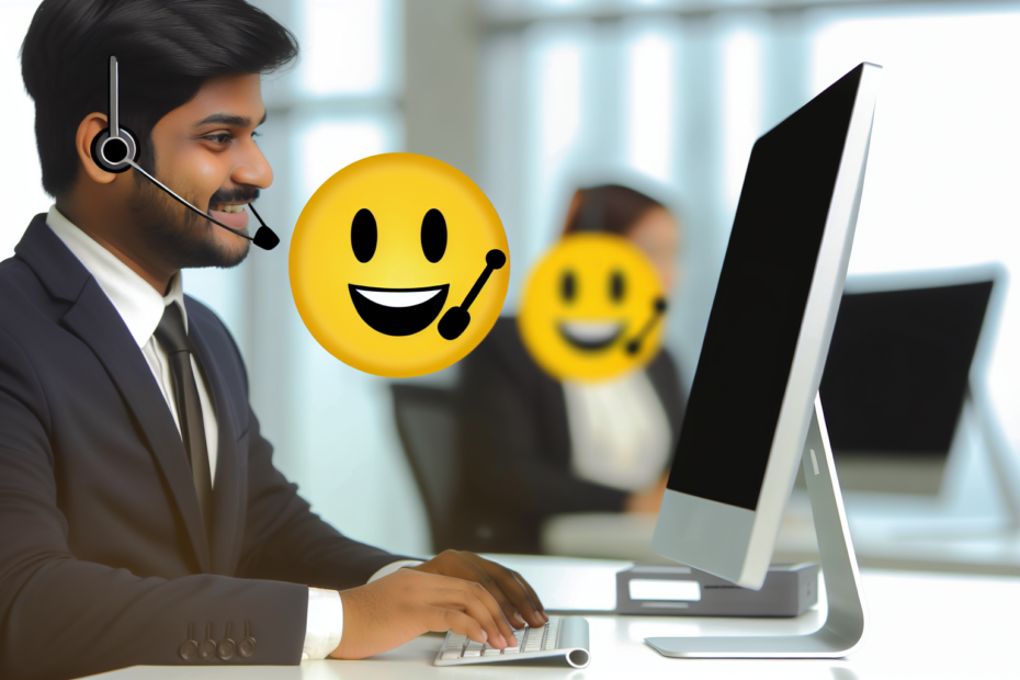 Effekten af chatbaseret kundekommunikation: Hvad betyder svartiden for brugeroplevelsen? En virksomhedsmedarbejder reagerer hurtigt på kundehenvendelser ved hjælp af chatbaseret kommunikationsplatform på en computer med tilfredse emojis i baggrunden, symboliserende kundetilfredshed.