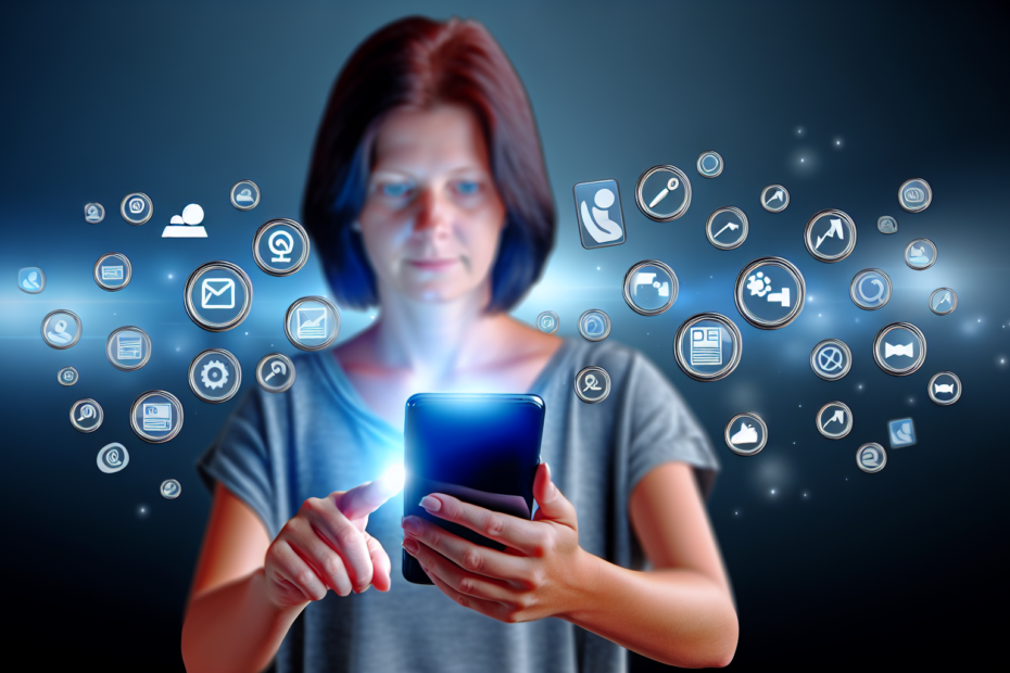 Mobilapps i vækst: Kampagneanalyse med fokus på tidlig brugerengagement Fotorealistisk billede af en person, der bruger en mobilapp på sin smartphone, omgivet af flydende ikoner, som symboliserer diverse marketingkampagner og feedbackelementer.