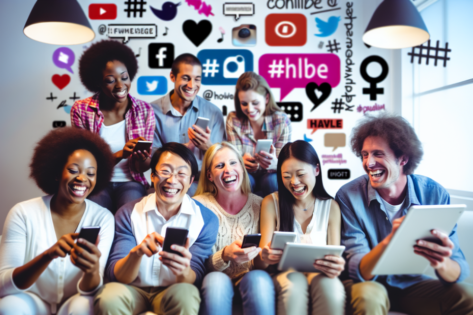 Hvordan ægte brugerindhold skaber tillid og engagement i digitale kampagner En gruppe glade mennesker, der bruger smartphones og tablets til at dele indhold på sociale medier, med hashtags og brandlogoer synlige i baggrunden, i et hyggeligt og lyst rum. Alt-tekst: Glade mennesker deler brugergeneret indhold på sociale medier i et lyst rum.
