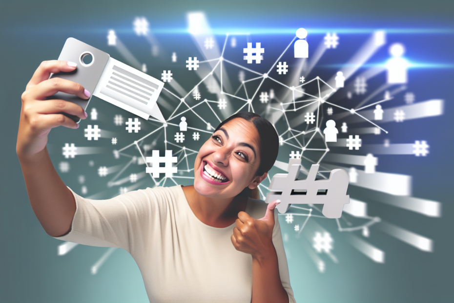 Brugergenereret indhold skaber autentisk engagement på sociale medier: En strategi til moderne brands Fotorealistisk billede af en lykkelig person, som tager et selfie med et produkt, omgivet af hashtags i luften, og et vibrerende online community i baggrunden, symboliserende interaktion og engagement på sociale medier. Alt-text: Person tager glad et selfie med et produkt omgivet af flyvende hashtags og en illustration af et engageret online community i baggrunden.