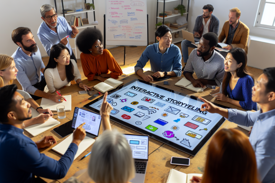 Markedsføringssucces med interaktiv storytelling: Sådan skaber brugerinvolvering bedre resultater En kreativ workshop med flere personer rundt omkring et bord fyldt med digitale enheder og notater, hvor de brainstormer og interagerer med et stort touchscreen-display foran sig, illustrerer konceptet interaktiv storytelling i annoncer. Alt-text: Gruppe af marketingspecialister brainstormer om interaktiv storytelling ved hjælp af et touchscreen-display og digitale enheder.