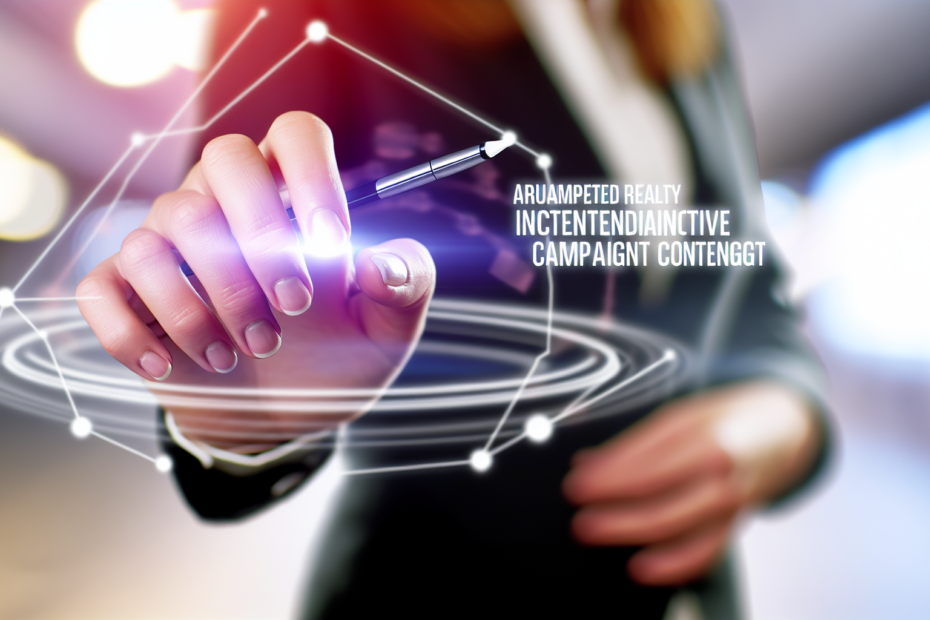 Øg forbrugerengagement med interaktivt kampagneindhold: Eksempler og tendenser Fotorealistisk billede af en person, der interagerer med en Augmented Reality (AR) enhed, hvor virtuelle elementer blandes med den virkelige verden, illustrerende teknologiens indflydelse på moderne interaktivt kampagneindhold. Alt-tekst: Person interagerer med Augmented Reality interface, illustrerer moderne teknologi i interaktiv markedsføring.