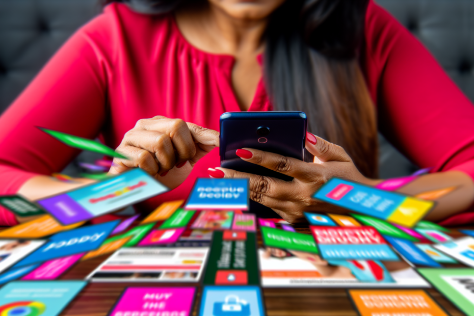 Sådan påvirker scroll-adfærd din mobilvenlige annonceringsstrategi En person, der skroller hurtigt igennem et feed på en smartphone, omgivet af farverige og iøjnefaldende mobile annoncer. Alt-tekst: Person skroller igennem et mobilfeed omgivet af farvestrålende annoncer for at illustrere artiklens fokus på mobilvenlig annonceringsstrategi og scroll-adfærd.