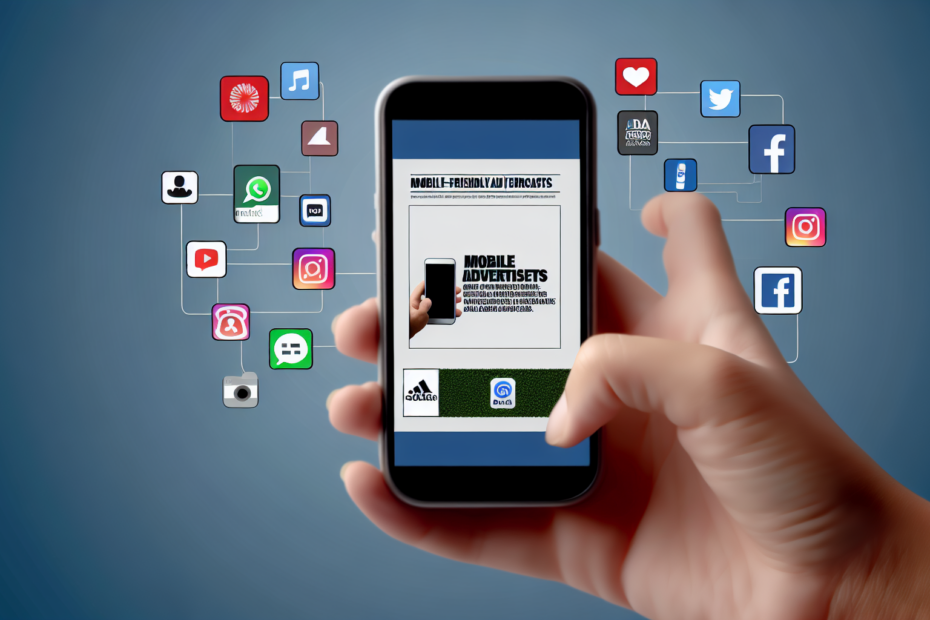 Mobilvenlige annonceformater der følger brugerens rejse uden at forstyrre oplevelsen En smartphone i en persons hånd viser mobilvenlige annoncer på skærmen, omgivet af ikoner for sociale medier og apps, symboliserende en integreret mobiloplevelse. Alt-tekst: Smartphone viser forskellige mobilvenlige annonceformater, omgivet af sociale medie- og app-ikoner.