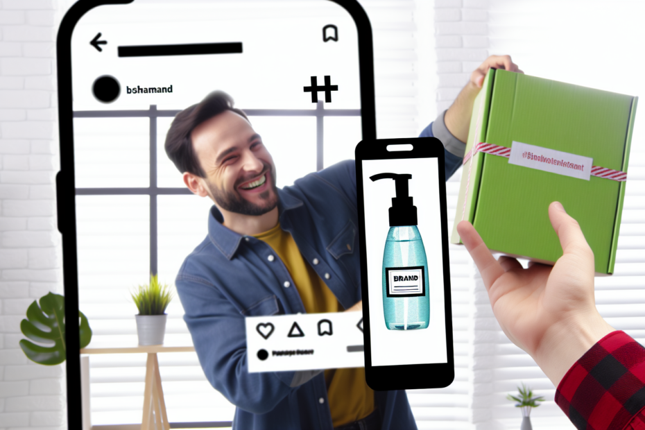 Styrk dit brand med autentisk brugergenereret indhold og effektive social proof teknikker En glad kunde tager et selfie med et produkt fra et brand, mens de poster det på sociale medier med en synlig hashtag for brandet. Alt-text: Glad kunde poster selfie med brandprodukt og hashtag på sociale medier for at fremme brugergenereret indhold.