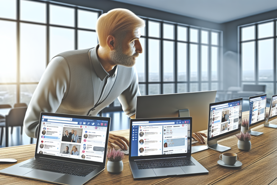 Flere visninger med samme indsats: Strategisk krydspromovering på tværs af sociale platforme Fotorealistisk billede af en marketingspecialist, der planlægger indholdsstrategi på flere skærme med sociale medieplatforme åbne, i et kontormiljø. Alt-text: En marketingspecialist arbejder med krydspromovering på flere sociale medieplatforme i et lyst kontor.