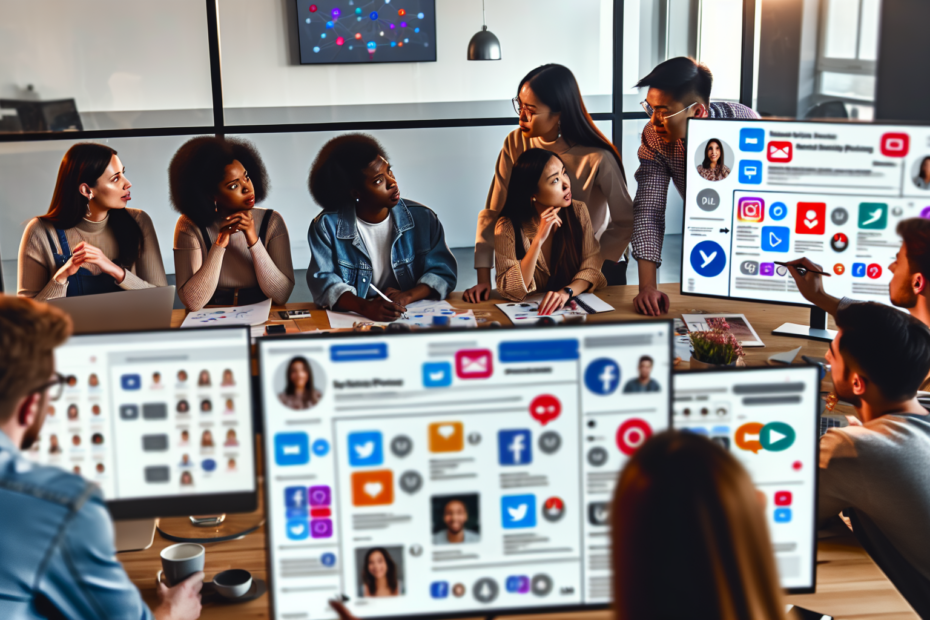 Effektiv krydspostering: Sådan sikrer du relevant indhold på tværs af kanaler En kreativ workshop-session med en gruppe marketingfagfolk, der planlægger en krydspostering strategi over flere digitale skærme, der viser forskellige sociale medieplatforme. Alt-text: Marketingteam planlægger krydspostering strategi med digitale skærme der viser diverse sociale medieplatforme.