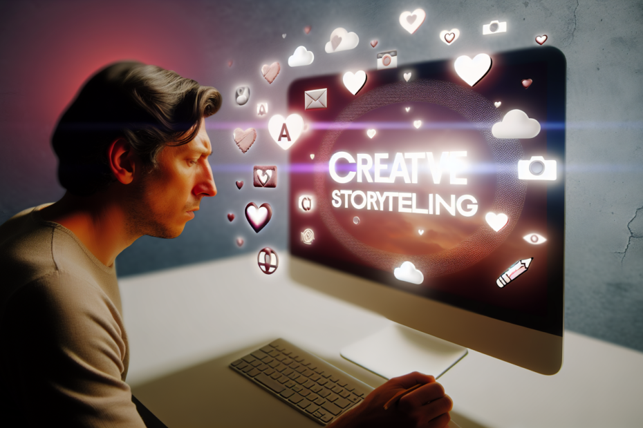 Når kreativ storytelling skaber stærkere brands: Brug af følelsesmæssige elementer i din markedsføring Fotorealistisk billede af en person dybt optaget af en skærm, omringet af symboler for forskellige følelser som hjerter og smil, reflekterende over kunsten i kreativ storytelling i branding. En person ser eftertænksomt på en computerskærm omgivet af ikoner for glæde, tryghed og nostalgi, illustrerende kraften ved emotionel storytelling i branding.