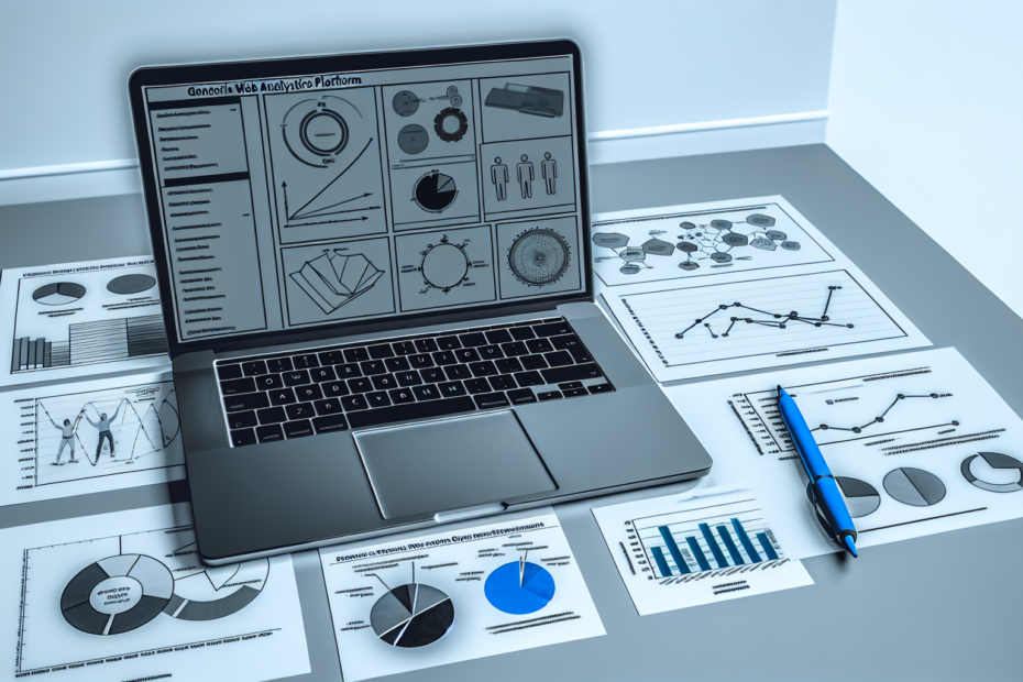 Højere afkast med bedre kundeværdianalyse: Sådan aflæser du dine kunders digitale præferencer En laptop med åbne analytiske værktøjer som Google Analytics på skærmen ligger på et skrivebord sammen med diagrammer og grafer, der illustrerer kundeadfærd og præferencer. Laptop på skrivebord med analytiske værktøjer åbne omgivet af diagrammer og grafer.