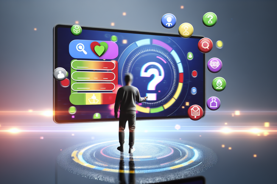 Interaktive displayformater skaber markant højere brugerinvolvering: En ny tilgang til digitalt engagement Fotorealistisk billede af en person, der interagerer med et interaktivt display, som viser en farverig quiz på skærmen, omgivet af symboler for spilification og personalisering, i en dynamisk og moderne digitale omgivelser. Alt-tekst: Person interagerer med et interaktivt display, der viser en quiz, med elementer af spil og personlig tilpasning i et moderne digitalt miljø.