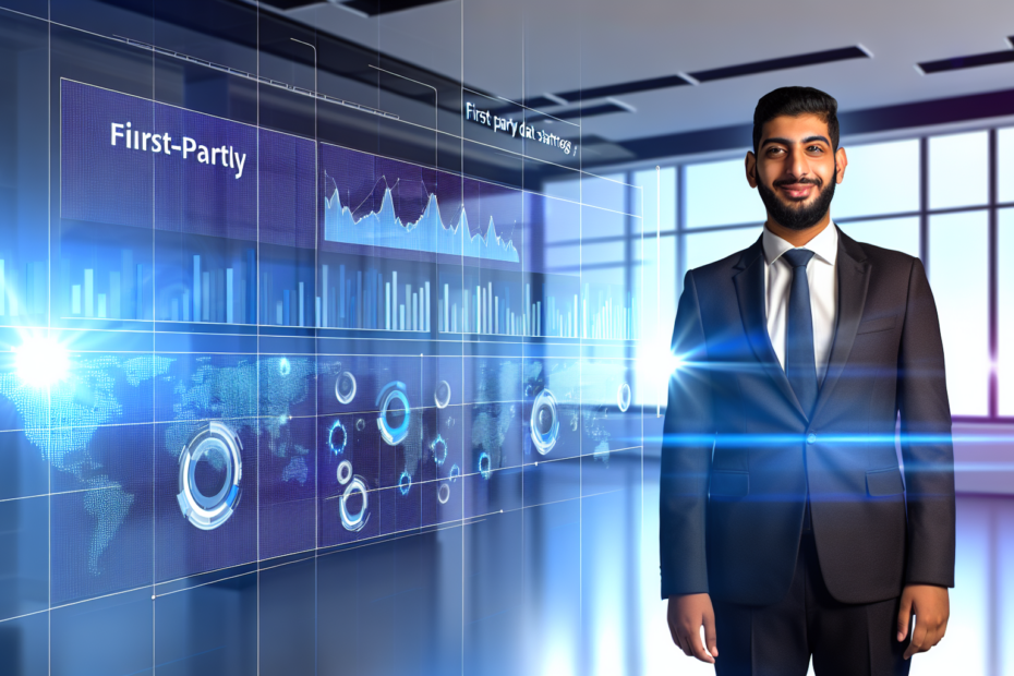 Førstepartsdata som fundament for effektiv og privatlivsvenlig digital markedsføring En erhvervsperson står foran en stor digital skærm, der viser grafer og data, symboliserende førstepartsdata analyse og strategi i et moderne kontormiljø.