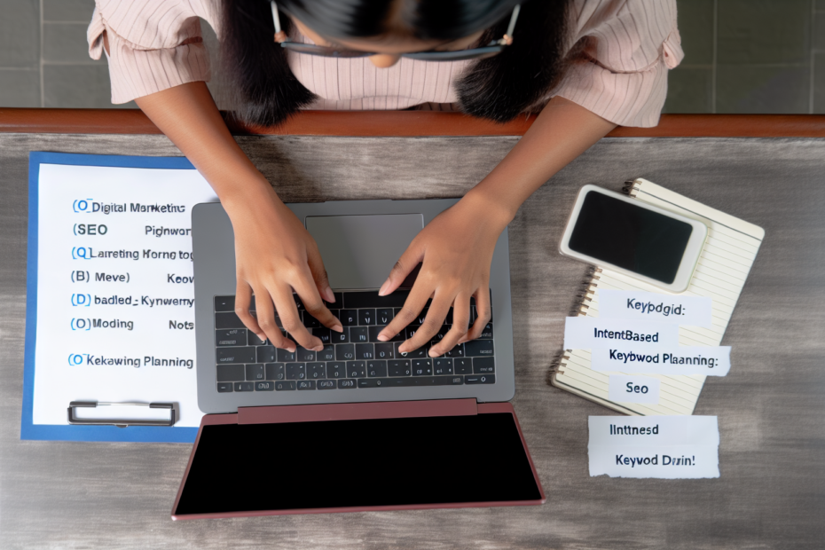 Effektiv intentionbaseret søgeordsplanlægning: Skab målrettet trafik gennem strategisk søgeordskategorisering En digital marketing konsulent analyserer SEO data og søgeord på en laptop, omgivet af noter om intentionbaseret søgeordsplanlægning. Alt-text: Digital marketing konsulent analyserer SEO strategier på en bærbar computer.