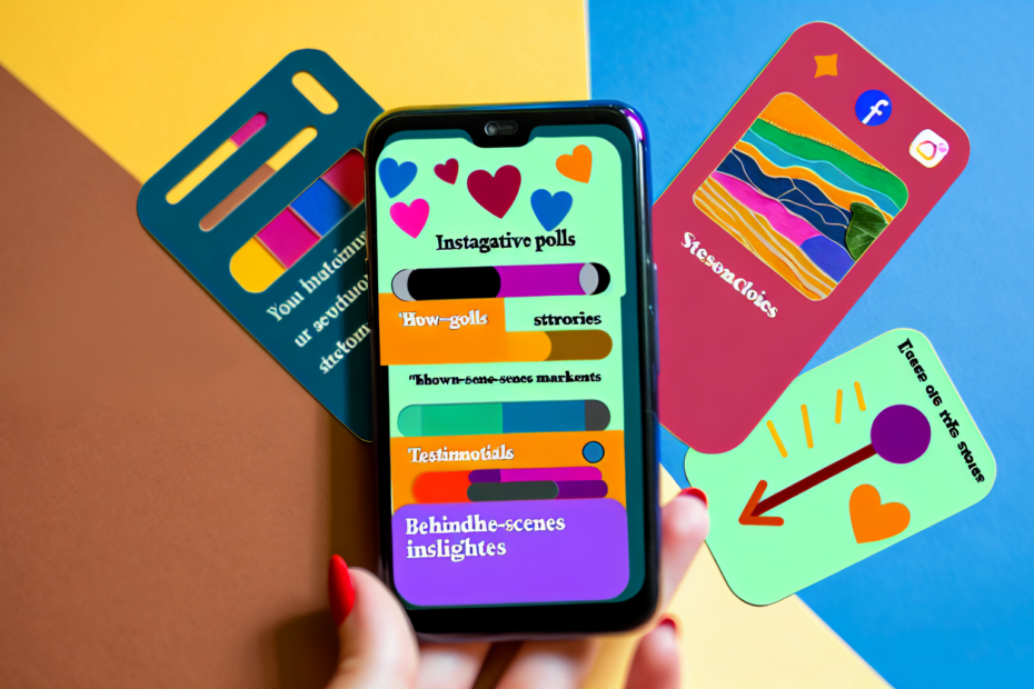 Billedprompt: "En farverig og kreativ collage af Instagram Stories indhold, inklusiv interaktive afstemninger, 'How-To' guider, testimonials og behind-the-scenes indblik, set gennem en smartphone." Alt-text: Kreativ collage af diverse Instagram Stories-funktioner som afstemninger og tutorials set på en smartphone, symboliserer engagerende social media markedsføring.