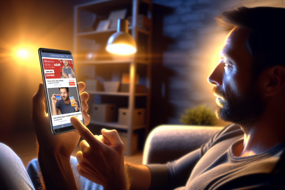Mobilannoncering på e-handelsplatforme: Sådan skaber du effekt baseret på brugeradfærd En person, der bruger sin smartphone til online shopping, mens der vises mobilannoncer på skærmen i et hyggeligt, belyst hjemmemiljø. En person anvender en smartphone til online shopping med reklamer på skærmen.