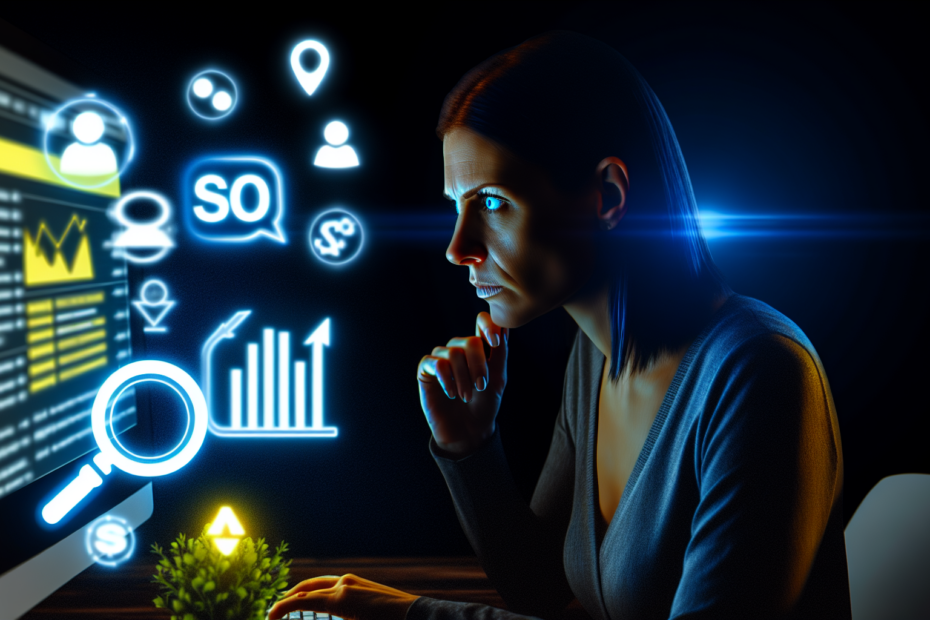 Træf bedre marketingbeslutninger: Forstå søgeintention gennem målgruppen Et fotorealistisk billede af en marketer, der analyserer grafik på en computerskærm, med fokus på søgeintention og nøgleordsanalyse, omgivet af lysende digitale markedsføringsikoner. Marketer analyserer digitale data og nøgleordsgrafik på computerskærm med markedsføringsikoner omkring.