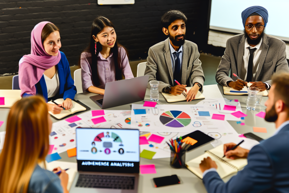 Fra idé til effekt: Kreativ kampagneidéudvikling med fokus på målgruppen fra start En gruppe markedsføringsprofessionelle sidder rundt om et bord fyldt med notesbøger, laptops og farverige post-its under en brainstorming session, med fokus på målgruppeanalyse diagrammer og grafikker projiceret i baggrunden. Alt-tekst: Markedsføringsprofessionelle brainstormer strategier med fokus på målgruppeanalyse.