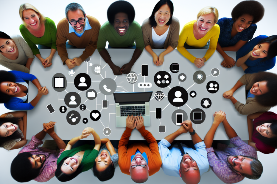 Styrk kundeloyalitet med effektive engagementsstrategier i brandfællesskaber En gruppe af smilende personer omkring et mødebord, kigger på en laptop og udveksler idéer, med digitale enheder og sociale medier ikoner svævende over dem, symboliserende et engageret brandfællesskab. Smilende gruppe diskuterer engageret ved et mødebord med laptop, omgivet af digitale ikoner, symbol på brandfællesskab.