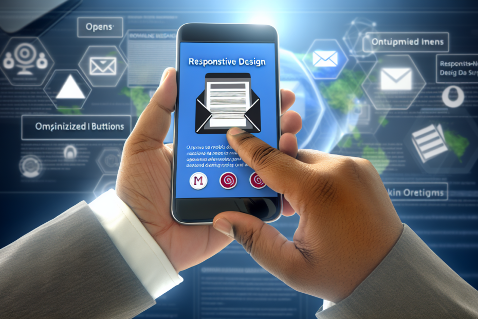 Flere åbninger og klik: Forskellen responsivt design gør i dine mobilvenlige e-mailkampagner Fotorealistisk billede af en person, der holder en smartphone med en åben e-mail, visende responsivt design tilpasning til skærmen, med ikoniske elementer som optimerede knapper og skalérbare billeder i en lys og teknologisk atmosfære. Alt-tekst: Person der betragter en mobilvenlig e-mail med responsivt design på en smartphone i et teknologi-tema miljø.
