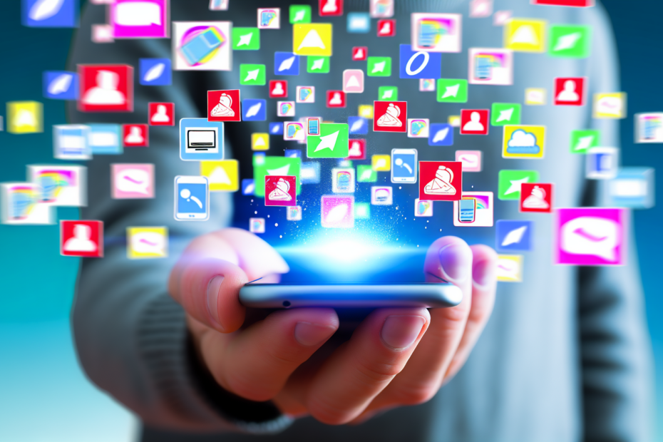Effektiv mobilmarkedsføring kræver mere end responsive layouts – sådan sikrer du en gennemført oplevelse En person med en smartphone i hånden, omgivet af flydende digitale annoncer, tegner et tæt engagement med fokus på mobiltilpasset markedsføringsstrategi. Alt-text: En person holder en smartphone omgivet af farverige digitale annoncer, der symboliserer engagement i en mobiltilpasset annonceringsstrategi.