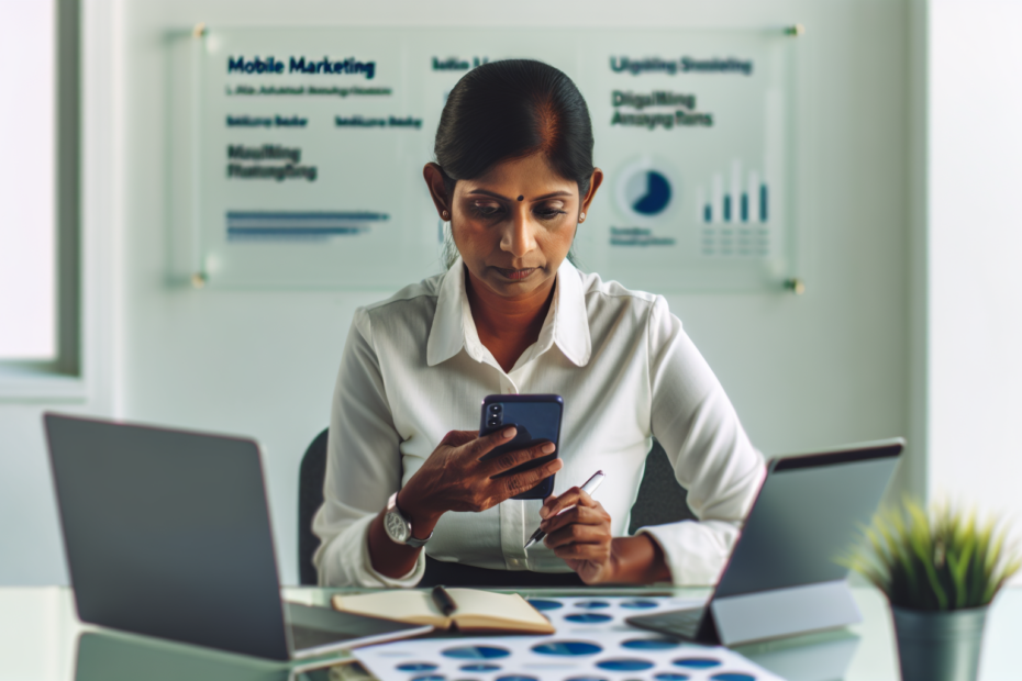 Fremtidens mobilmarkedsføring: Højere engagement med brugerinvolverende native-indhold En professionel arbejder fokuseret ved et skrivebord fyldt med mobile enheder og digitale marketinganalyse-diagrammer, der afspejler strategier for mobilmarkedsføring og brugerengagement.