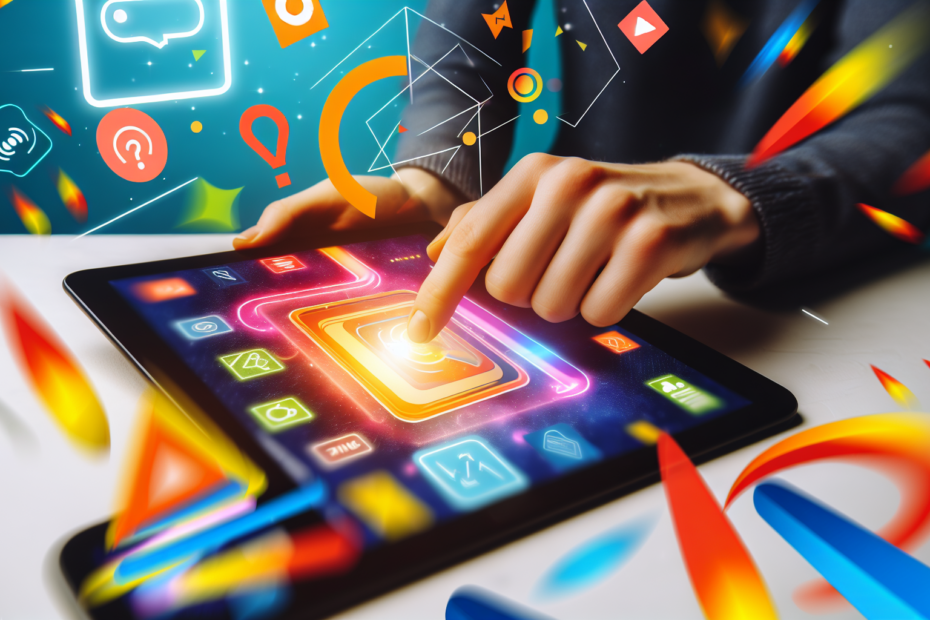 Interaktive annonceformater: Når gamification skaber varigt brugerengagement En person, der engageret interagerer med et digitalt spil eller quiz på sin tablet, med farverige grafikker omkring skærmen illustrerende interaktive annonceelementer. Bruger interagerer med en interaktiv annonce på en tablet, omgivet af dynamiske og farverige grafik-elementer