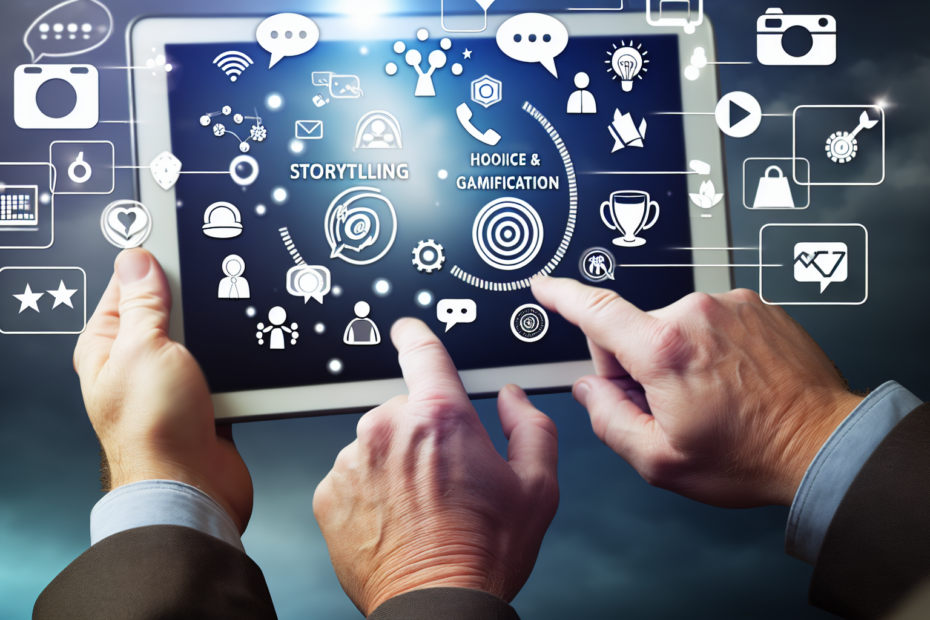 Interaktiv storytelling i annoncer: Øg brugerengagement med gamification-elementer Billedbeskrivelse: En person dybt engageret i en interaktiv digital annonce på en tablet, omgivet af symboler for storytelling og gamification som snakkebobler, valgikoner, trofæer og point. Alt-text: Person engageret i interaktiv digital annonce med symboler for storytelling og gamification.