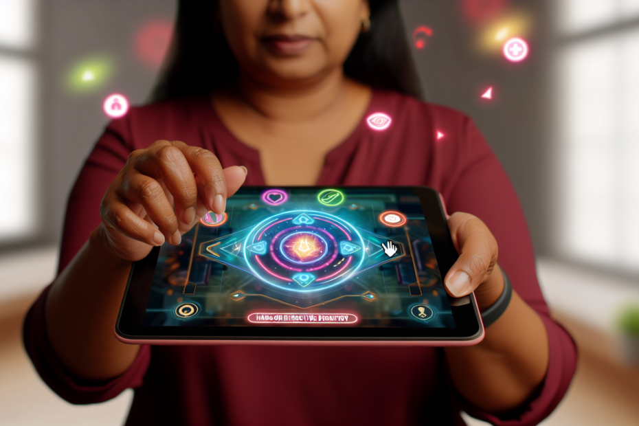Interaktive displayannoncer: Derfor virker brugervenlige formater bedre i konkurrenceprægede kampagner Billedbeskrivelse: "En person bruger en tablet med en farverig og interaktiv displayannonce, som viser en hands-on demonstration af et produkts features, omgivet af ikoner for spillignende elementer og augmented reality." Alt-text: Person interagerer med en interaktiv displayannonce på tablet, omringet af spillignende og AR symboler