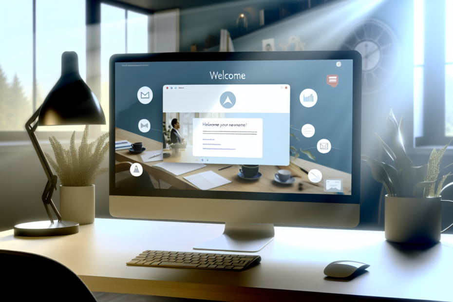 Styrk din e-mailindsats med relationbaseret kommunikation og målrettet indhold En computer med en åben email applikation viser en skræddersyet velkomst-email, omgivet af ikoner der repræsenterer dataanalyse og personlig kommunikation, i et roligt kontormiljø med blødt lys. En skræddersyet velkomst-email på en computer skærm omgivet af dataanalyse og personaliseringsikoner i et kontor.