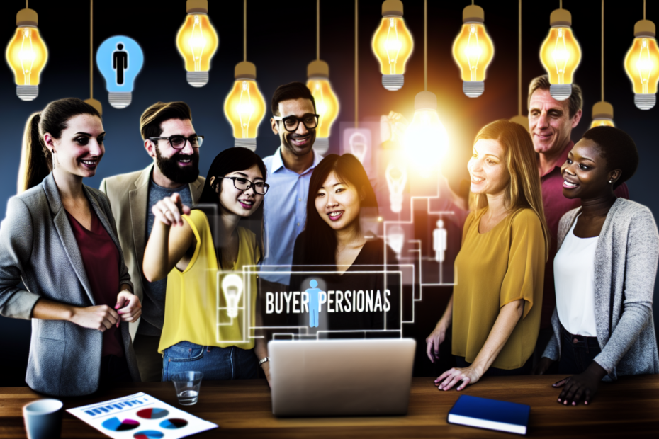 Et team af marketingprofessionelle analyserer data og skaber køberpersonas på en interaktiv skærm, omgivet af lyse idepærer.