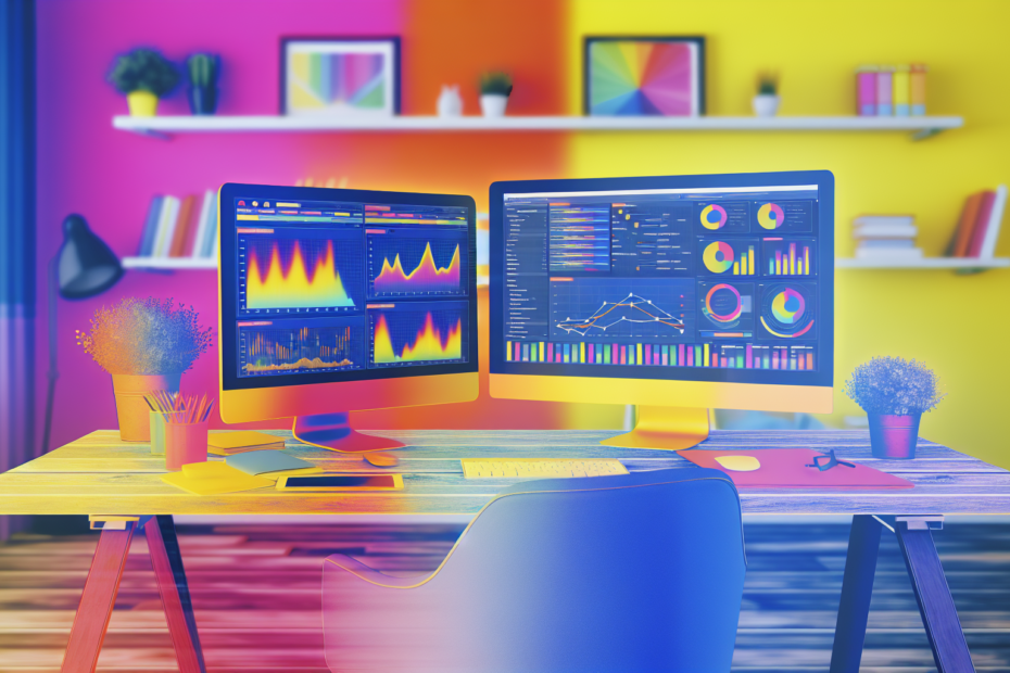 Effektiv budgetstyring i Google Ads: Hvordan konverteringsdata kan raffinere dine kampagneinvesteringer Billedbeskrivelse: En dynamisk arbejdsstation med to computer-skærme, der viser live data analytics og Google Ads dashboards omgivet af lyse farver som symbol på kreativitet og innovation. Alt-text: Arbejdsstation med Google Ads analytics på skærme og et kreativt, farverigt miljø, der symboliserer digital markedsføringsstrategi.
