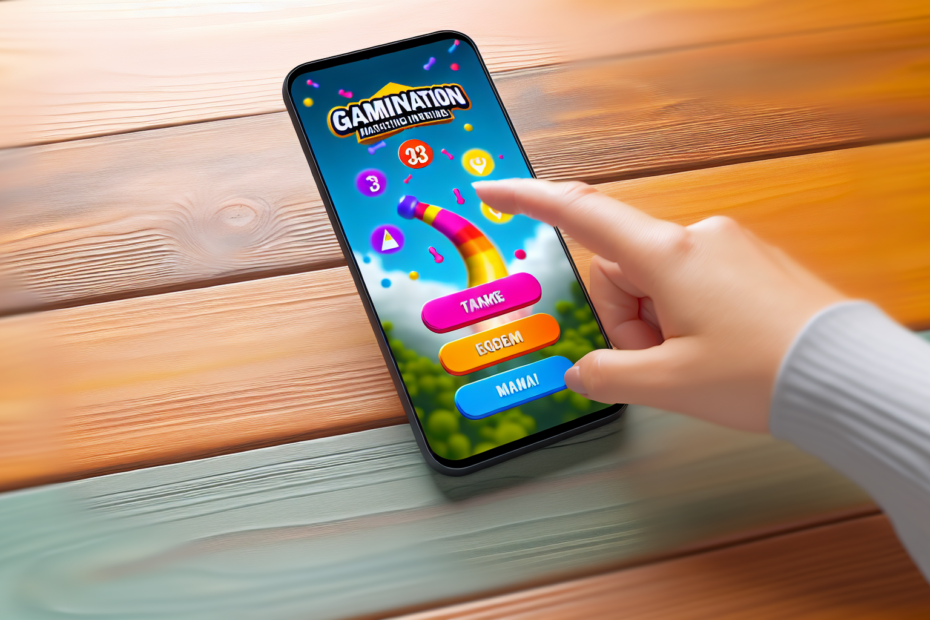 Skab højere interaktion med interaktivt kampagneindhold drevet af gamification Fotorealistisk billede af en mobiltelefon, hvor en person interagerer med et farverigt og engagerende spilbaseret marketinginterface. Alt-tekst: En person bruger en mobiltelefon med et engagerende og farverigt gamification marketing interface på skærmen.