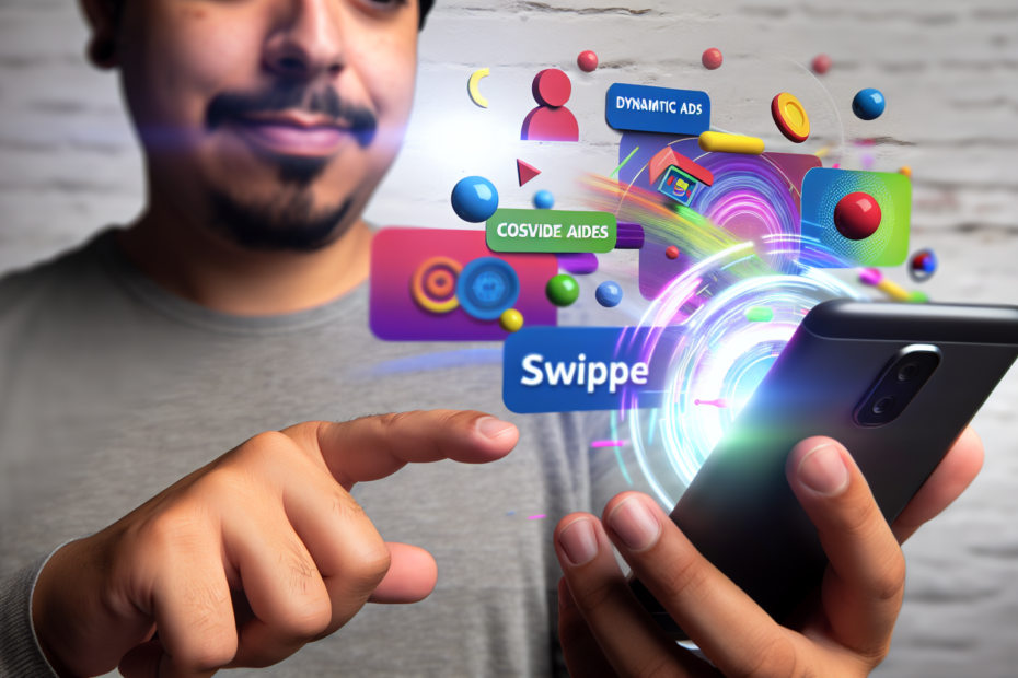 Interaktive annonceformater der forbedrer brugeroplevelsen i digitale kampagner Fotorealistisk billede af en person, der bruger en smartphone med dynamiske, interaktive annoncer, der springer til live med farverige, engagerende elementer som 3D-objekter og swipe-funktioner.