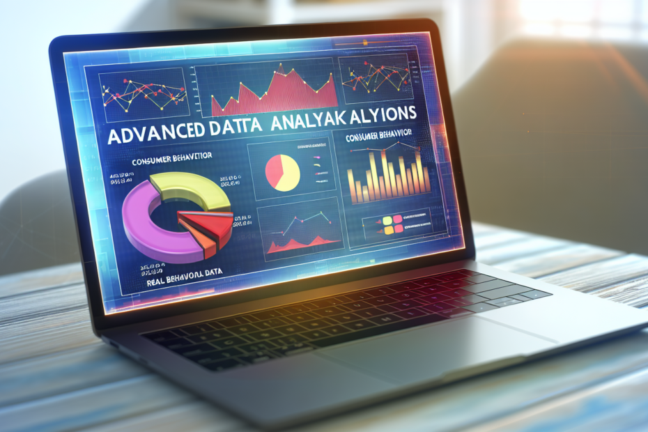 En laptop med grafer og dataanalyse skærmbilleder, der viser forbrugeradfærdsdata med fokus på digital annoncering. Alt-tekst: Laptop åben på et bord, viser avanceret dataanalyse og forbrugeradfærdsgrafer, der symboliserer optimering af digital annoncering gennem realtids adfærdsdata.