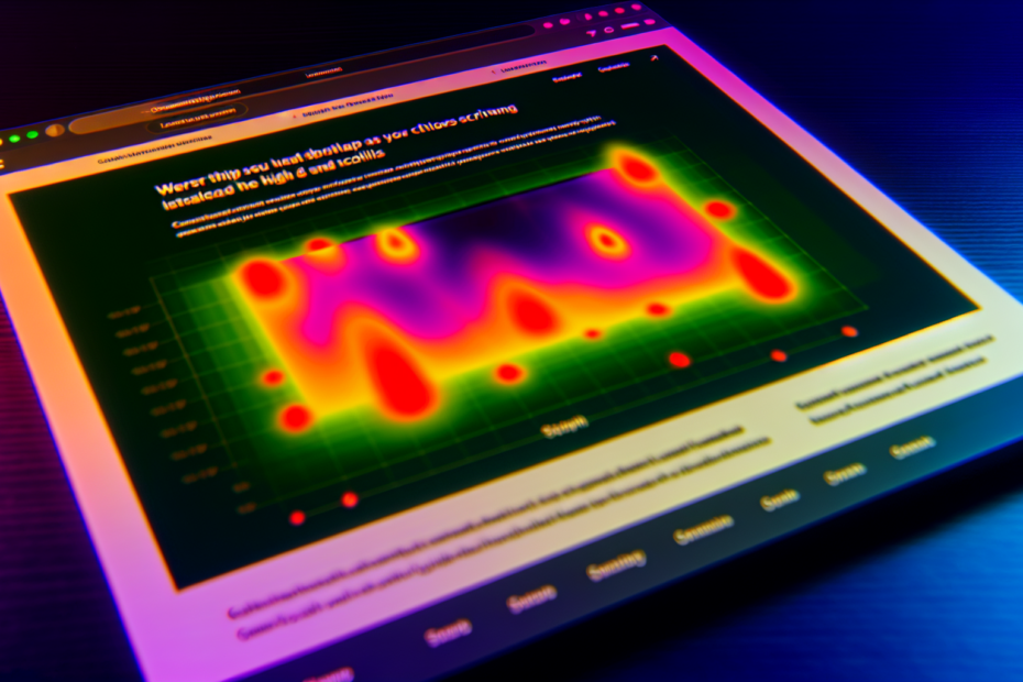 Forstå dine brugeres klikmønstre: Kampagneanalyse med heatmaps giver skarpere indsigt En nøjagtig visualisering af et varmt heatmap over en landingsside, der fremhæver brugerinteraktioner såsom klik og scrolling med lyse farver mod en mørk hjemmeside baggrund. Alt-text: Farverige heatmaps på en landingsside viser brugeradfærd som klik og scroll, hvilket illustrerer områder med høj og lav interaktion.