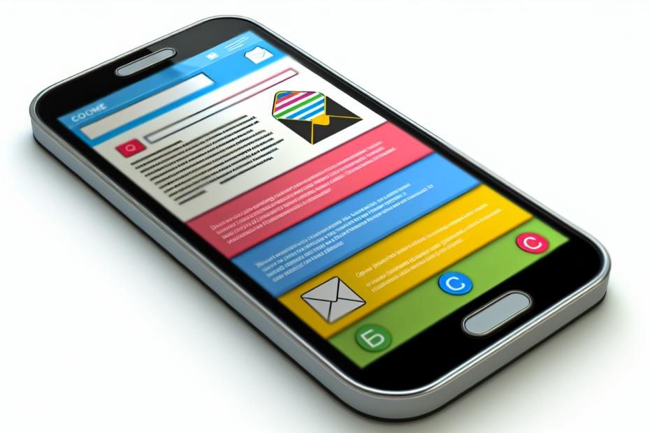 E-mailkampagner der virker: Derfor er mobilvenligt design nøglen til højere engagement Fotorealistisk billede af en åben smartphone, der viser en farverig og brugervenlig e-mail-layout designet til mobilvisning, med store knapper og letlæselig tekst. Alt-tekst: Smartphone der viser et mobiloptimeret e-mail-design med brugervenlige elementer og klart indhold.