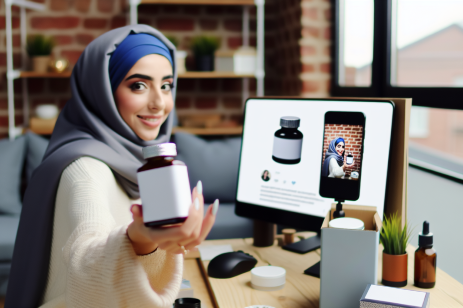 En mikroinfluencer tager et selfie med sin smartphone, mens de viser et produkt frem for deres følgere på et hyggeligt hjemmekontor, der udstråler en stemning af autenticitet og engagement. Et stemningsbillede af en mikroinfluencer, der engagerer sig med sit følgerskab gennem autentisk indhold i et hjemmeligt miljø.