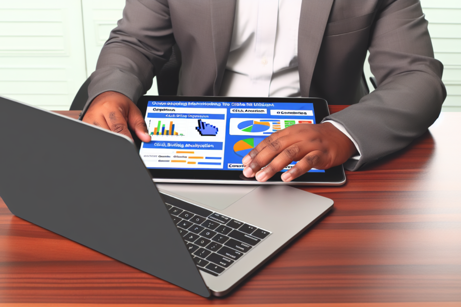Få mere ud af dit annoncebudget: Sådan bruger du klikdata fra Google Ads til løbende optimering Billedbeskrivelse: En professionel sidder ved et arbejdsbord med en åben laptop, hvor Google Ads-interface ses på skærmen, mens hænderne analyserer farverige grafer på en tablet, illustrerende brugen af klikdataanalyse. Alt-text: En person bruger Google Ads på en laptop for at analysere klikdataanalyse med grafer på en tablet, hvilket symboliserer optimering af annoncebudgettet.