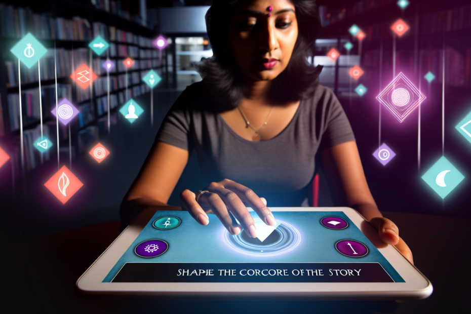 Derfor vinder interaktiv storytelling: Når digitale oplevelser aktiverer dine kunders opmærksomhed En person bruger en touchscreen-skærm til at engagere sig i en interaktiv historie med dynamiske valg, der er indrammet af farverige digitale interfaceelementer. Personen interagerer med en interaktiv storytelling-app på en tablet.