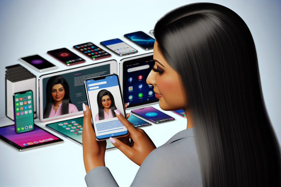 Effektiv annoncering på mobilen: Hvorfor brugervenligt design er afgørende for responsraten "Fotorealistisk illustration af en person, der holder og betragter en mobilskærm med en brugervenlig mobilannonce, omgivet af forskellige smartphones og tablets."